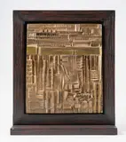 Tavola dei segni, 1959, II by Arnaldo Pomodoro, 1959, Bronze à patine dorée monté sur bois, sold Jun 2025