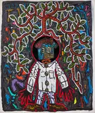 Les papillons virevoltent autour du crâne de jobard by Robert Combas, 1994, Acrylique, feutre et disque vinyle sur toile, sold Jun 2025