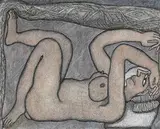 Woman under the Quilt by Jogen Chowdhury, 2004, Pen, ink and pastels on paper, sold Sep 2020