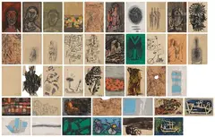 A Collection of Forty-Two Works by M. F. Husain, Mixed media on postcard, sold Sep 2020