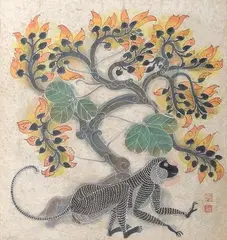 Monkey on MitPalash Tree by A. Ramachandran, 1990, Mixed media on rice paper pasted on board, sold Jun 2020