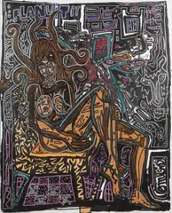 Isis à poil sur une chaise. C'est la nuit sombre et dangereuse by Robert Combas, circa 2010, Technique mixte sur toile, sold Dec 2025