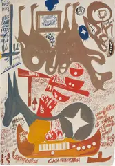 Cavallo seduto stellate e cammello bruno / Due cavalli acefali stellati giallo e nero by Carlo Zinelli, 1967, Tempera sur papier (recto/verso), sold Dec 2025