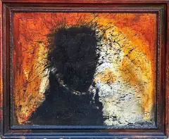 Untitled (Black head with orange background) by Richard Hambleton, 1997, Acrylique sur panneau de bois et cadre peint par l'artiste, sold Apr 2025
