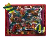 Ripped Brail Twice Fresco by Rammellzee, circa 1983-1984, Technique mixte, peinture aérosol, collages de cartons, assemblages d'objets et résine sur panneau, sold Apr 2025