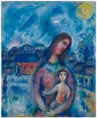 Maternité sur fond bleu by Marc Chagall, 1976, Huile, tempera et encre de Chine sur toile, sold Oct 2025