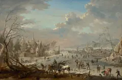 Paysage hivernal aux patineurs by Jan-Pieter van Bredael, Huile sur cuivre, sold Mar 2025