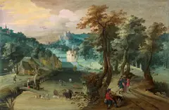 Paysage de rivière avec le Christ et les pèlerins d'Emmaüs by Abel Grimmer, Huile sur panneau de chêne, parqueté, sold Mar 2025