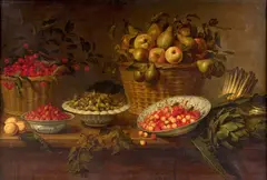 Panier de cerises, coupes de fraises des bois et de noisettes, paniers de myrtilles et de poires et coings, asperges et artichauts sur un entablement by François Garnier, Huile sur toile, sold Mar 2025