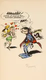 Gaf-Man by André Franquin, Impression sur papier mise en couleurs à l’encre pour une illustration représentant Gaston en tenue de superhéros et Mad, sold Nov 2025