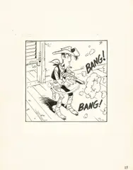 Lucky Luke by Morris, Encre de Chine sur papier pour une illustration représentant le cow-boy solitaire dégainant son pistolet., sold Nov 2025