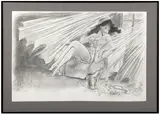 Champagne by François Walthéry, Mine de plomb sur papier pour une illustration représentant une jeune femme brune dans un fauteuil, sold Nov 2025