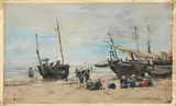 La plage de Berck à marée basse by Eugène Boudin, Huile sur papier marouflé sur panneau parqueté, sold Jun 2025