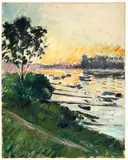 Bord de Seine, effet soleil couchant by Gustave Caillebotte, 1891, Huile sur toile, sold Jun 2025