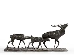 Cerf bramant suivi par une biche et son faon by Rembrandt Bugatti, 1903, Bronze à patine noire, sold Jun 2025