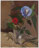 Nature morte à la rose et à l'hibiscus by Françoise Gilot, 1957, Huile sur toile, sold Jun 2025
