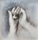 The Artist's Hands (Pebble in left hand) by Henry Moore, 1981, Aquarelle, gouache, stylo bille noir, pastel et crayon sur papier, sold Jun 2025