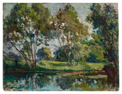 Rolleboise, Les Ormes sur les bords du bras de Seine by Maximilien Luce, Huile sur panneau, sold Dec 2025