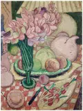 Les Méjades (Nature morte au vase de fleurs) by Juliette Roche, circa 1945, Huile sur carton, sold Dec 2025