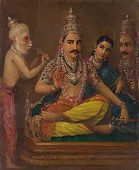Hanuman`s Discourse by Raja Ravi Varma, Oil on canvas, sold Mar 2019