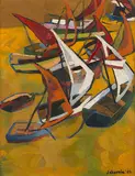 Untitled (Boats in harbor) by Jehangir Sabavala, Oil on board, sold Jun 2018