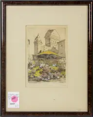 Flower Market by F. Terry, etching with color, sold Feb 2026