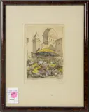 Flower Market by F. Terry, etching with color, sold Feb 2026
