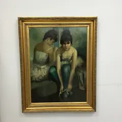 Untitled by Carmen Ventosa, oil on canvas painting depicts two ballerinas in a moment of repose, sold May 2026