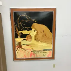 A stylized by Sonia Risolia, mixed media on board. The composition features a woman with a large, sold May 2026