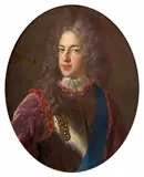 Portrait de trois quarts du prince Jacques François Edward Stuart, en buste by Alexis Simon Belle, Huile sur toile, de forme ovale, sold Nov 2025