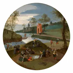 Le mois de mai : réjouissance d'une élégante compagnie au bord d'une pièce d'eau by Abel Grimmer, Huile sur panneau de chêne, une planche, sold Nov 2025