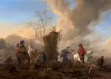 La halte pendant la chasse au faucon by Philips Wouwerman, Huile sur panneau de chêne, une planche, sold Nov 2025