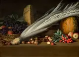 Composition aux cardons, fraises des bois, grappes de raisin et fromages sur un entablement by Pieter Snyers, Huile sur cuivre, sold Nov 2025