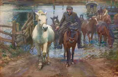 Le passage du gué by Alfred Munnings, Aquarelle gouachée sur trait de crayon, sold Nov 2025