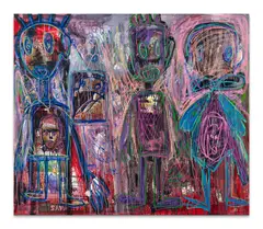 Three Children and TV by Aboudia, 2012, Pastel, acrylique et collages sur toile, sold Dec 2025