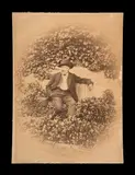 Victor Hugo assis dans le jardin d'Hauteville House. Guernesey, 1868 by Arsène Garnier, Épreuve sur papier albuminé, contrecollée sur carton, dans un cadre de style Renaissance, sold Jun 2025