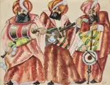 Ensemble de dix études de costumes pour le "Bourgeois Gentilhomme by Georges A. de Pogédaieff, Aquarelle et peinture argentée sur papier, sold Jun 2025
