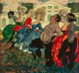 Satire et courtisane by Ernst Schwartz, 1922, Huile sur carton, sold Jun 2025