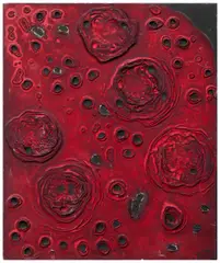 Composition by Moshe Castel, Huile et basalte sur toile, sold Jun 2025