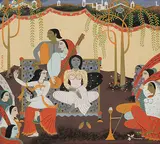 Music and Dance by A. A. Raiba, Gouache on cloth laid on card, sold Jun 2017
