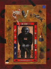 Chromium Breath - Primetime Embodiment by Baiju Parthan, 1998, Inkjet transfer, string and acrylic on canvas, sold Jun 2017
