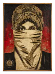 Occupy Protestor by Shepard Fairey, 2013, Matrice de pochoir, peinture aérosol et collages de sérigraphies sur toile, sold Nov 2025