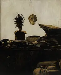 Untitled (In his Office) by Bikash Bhattacharjee, Conte with a thick lacquer coating on paper pasted on plywood, sold Feb 2016