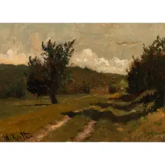 Untitled (Afternoon Shadows) by William Keith, oil on canvas board, sold Mar 2026