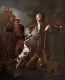 Portrait d’un chasseur avec ses chiens et un serviteur tenant son cheval by Pierre Dulin, Huile sur toile, sold Sep 2025