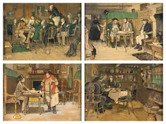 The Pickwick papers, quatre illustrations pour le premier roman de Charles Dickens (1836-1837) by Cecil Charles Windsor Aldin, Série de quatre chromolithographies, sold Sep 2025