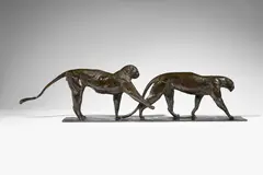 Deux léopards marchant, le mâle lève une patte by Rembrandt Bugatti, circa 1904-1934, Bronze à patine nuancée de bruns et noir, sold Nov 2025