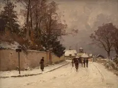 Route de village sous la neige by Paul Lecomte, Huile sur toile, sold Nov 2025