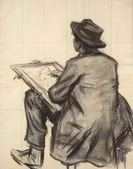 L’artiste sur le motif by René-Xavier Prinet, Fusain et estompe, mise au carreau, sold Nov 2025