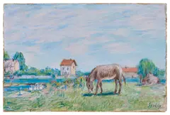 L'âne au bord de l'eau, Saint-Mammès by Alfred Sisley, circa 1886-1890, Pastel sur papier, sold Dec 2025